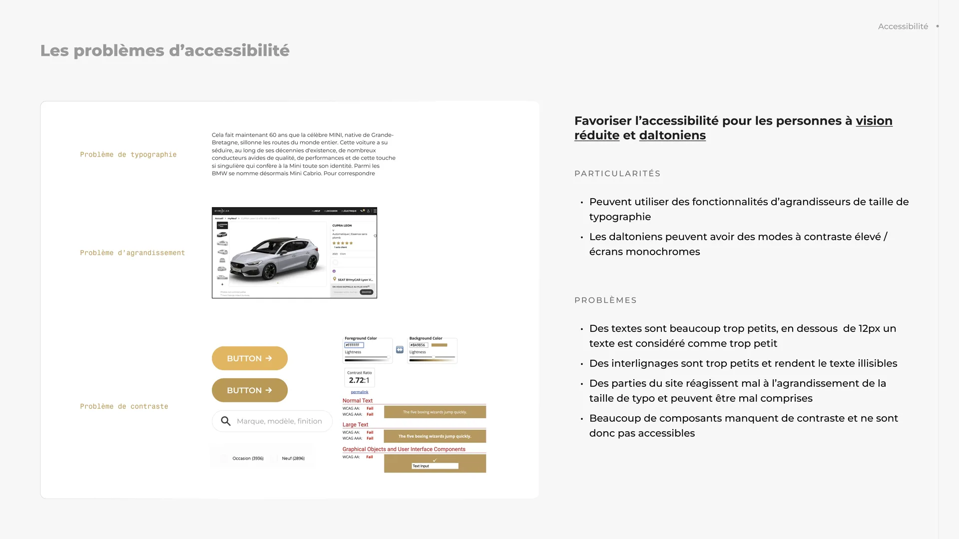 Capture d'écran illustrant les problèmes d'accessibilité visuelle : faibles contrastes et textes sous 12 px
