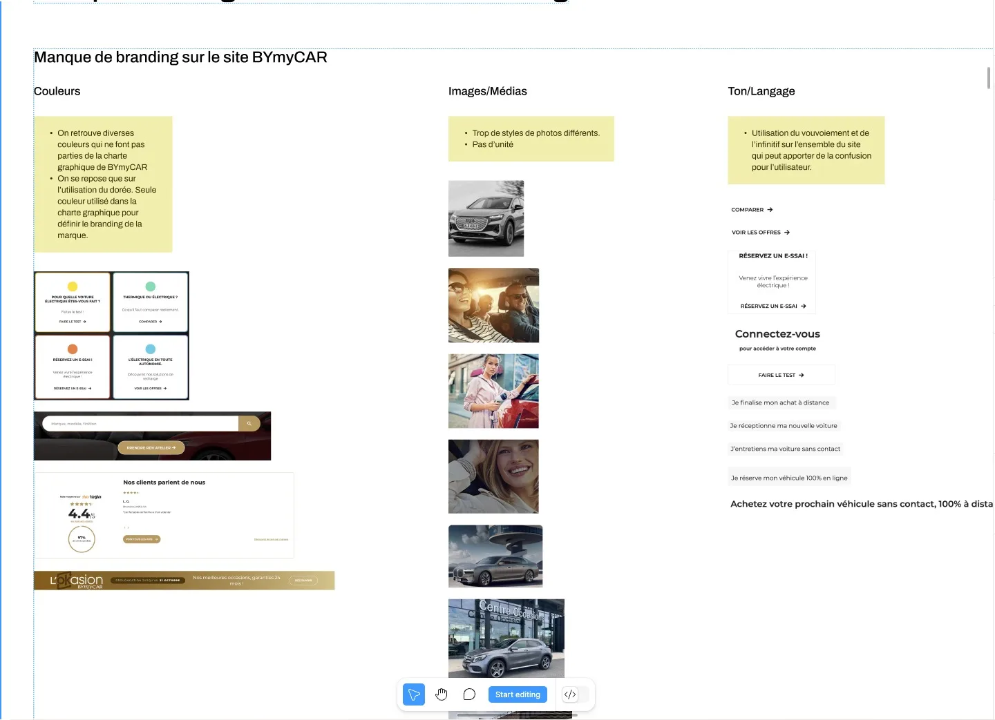 Capture d'écran illustrant les incohérences de branding sur les interfaces BYmyCAR