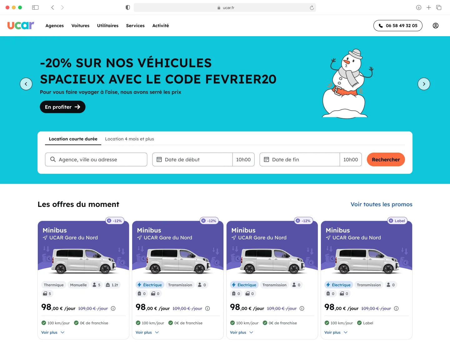 UCAR homepage — partie haute : moteur de recherche et promotions
