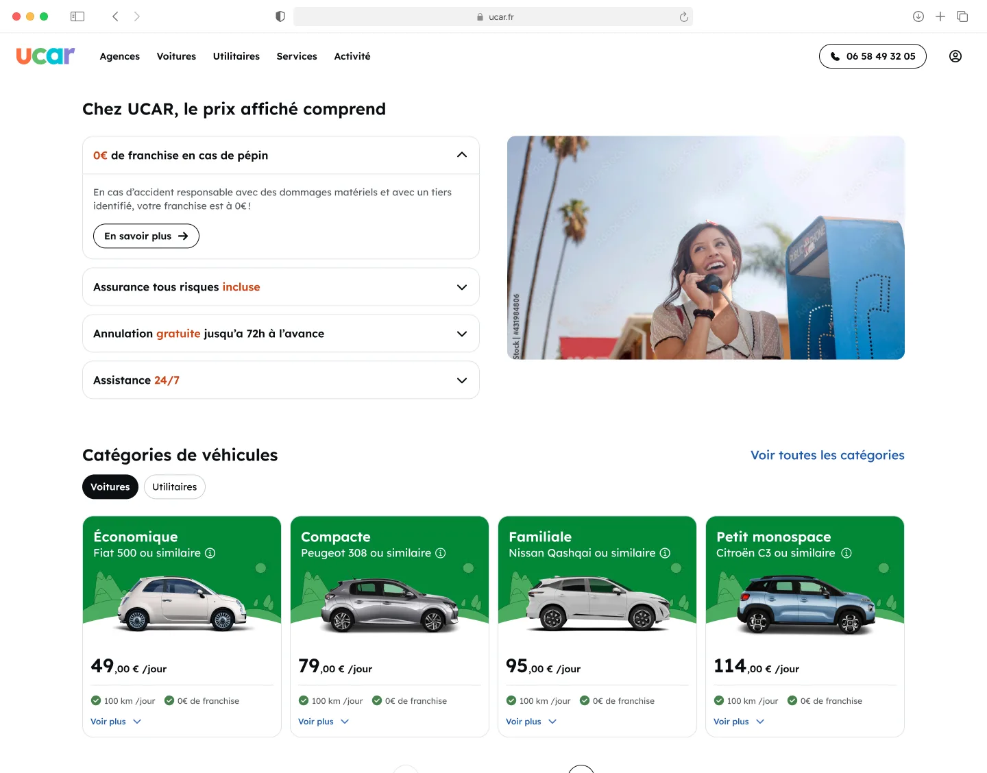 UCAR homepage — partie centrale : offres locales et réassurance