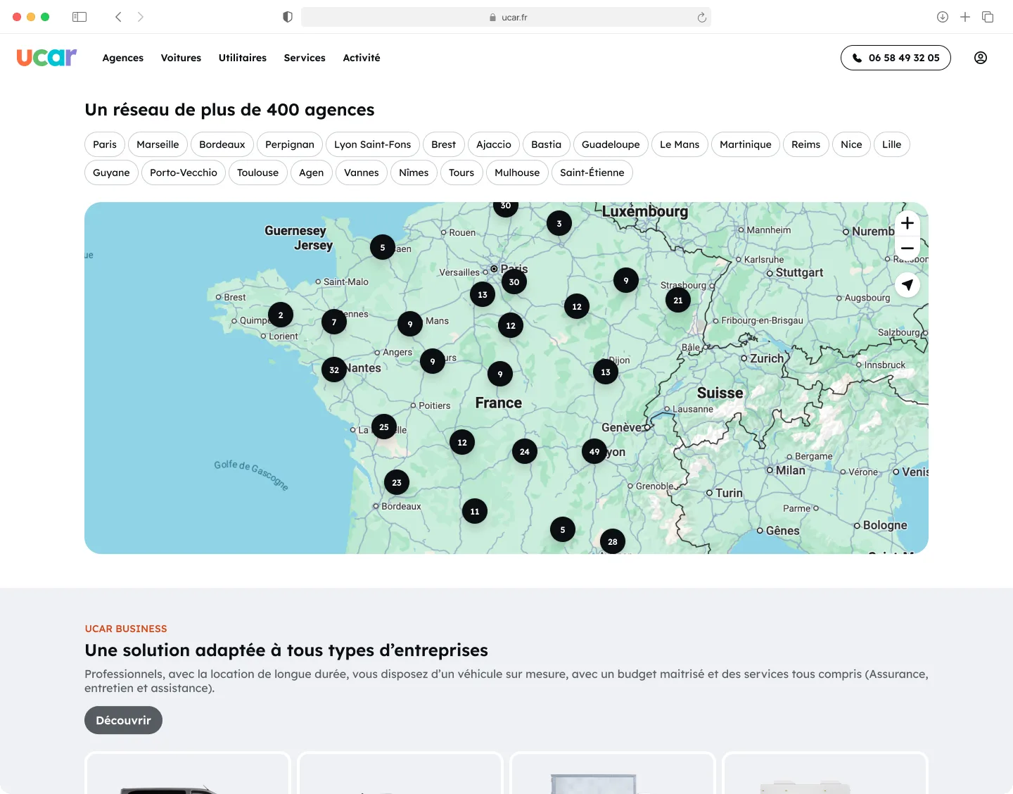 UCAR homepage — partie basse : carte agences et services